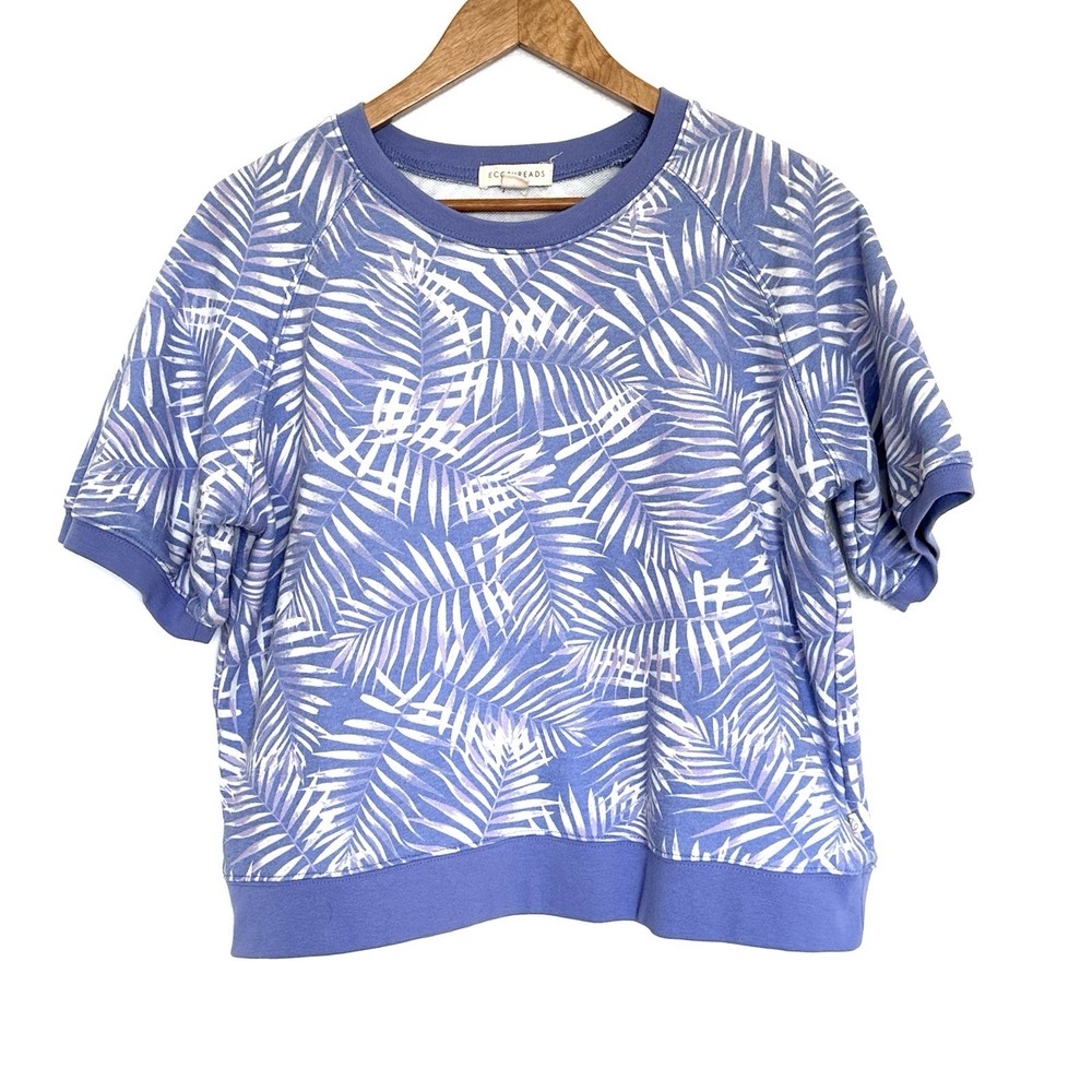 Eco Threads Sweatshirt Women’s XL Blue Purple White Leaves Short Sleeve Top