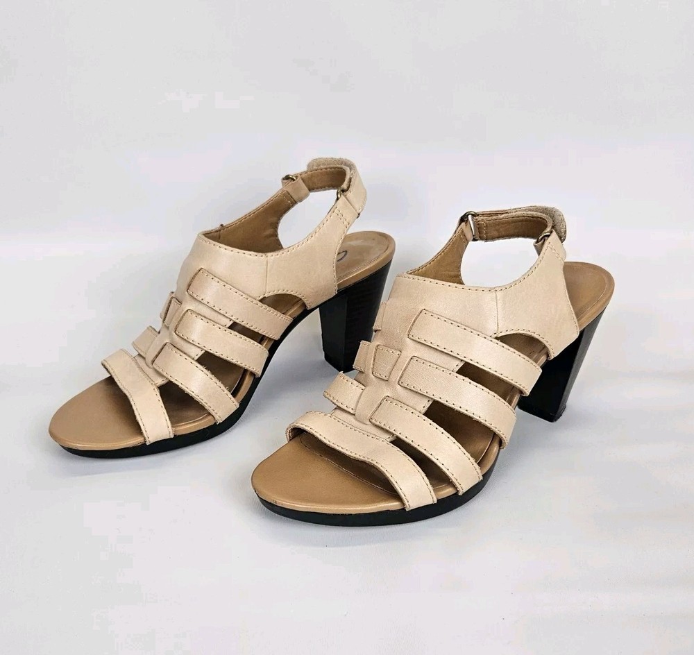 Clarks Jaclyn Millie 7 Nude Beige Leather Strappy Peep Toe Adjustable Heels
