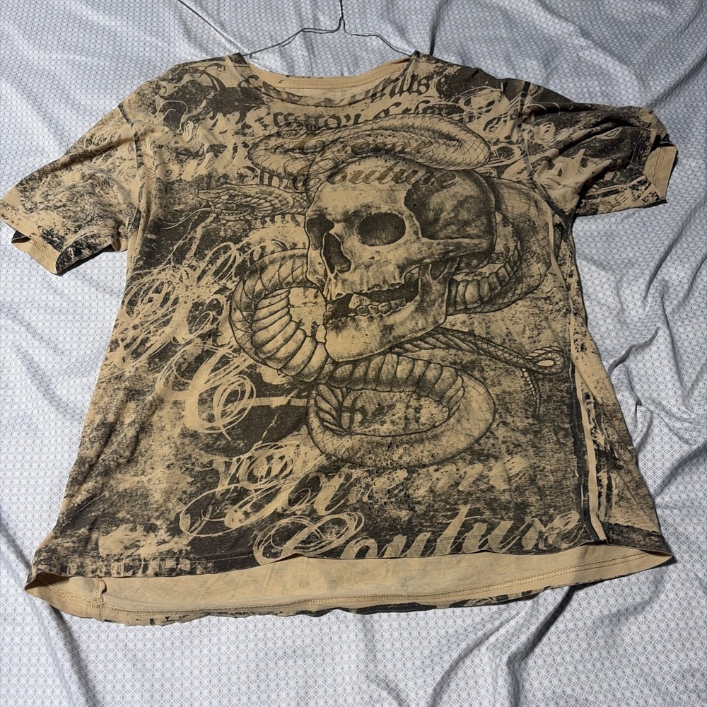 Xtreme Couture Shirt Mens XL Brown Short Sleeve AOP Skull