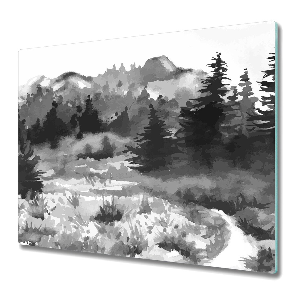 Glass Worktop Kitchen Chopping Board Dark Hand Drawn Watercolour Forest 60x52