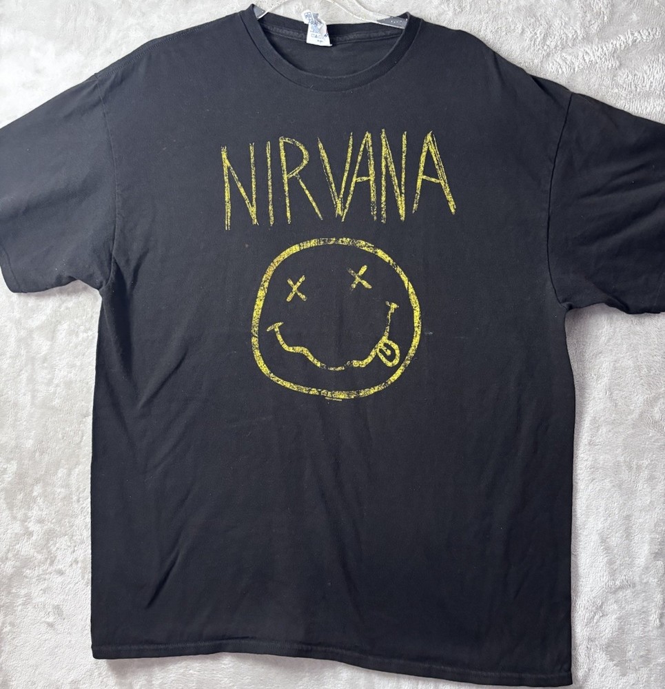Nirvana Smiley Face T Shirt Mens XL Black Distressed Grunge Band