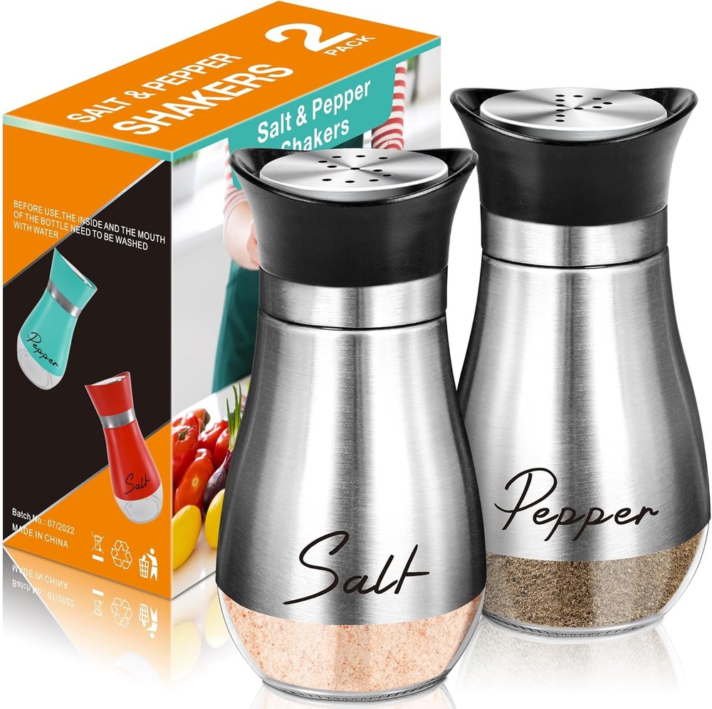 Salt & Pepper Shakers Set 4oz Glass Bottom Stainless Steel Lid Refillable Silver