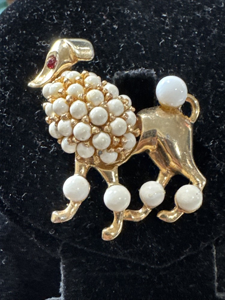 Vintage 50-60s Gold Tone Poodle Brooch Pin, Faux White Pearls Red Eye Rhinestone
