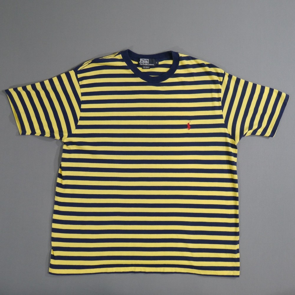 Vintage Polo Ralph Lauren Mens Striped T-Shirt Sz L Blue Yellow Sm Logo Casual
