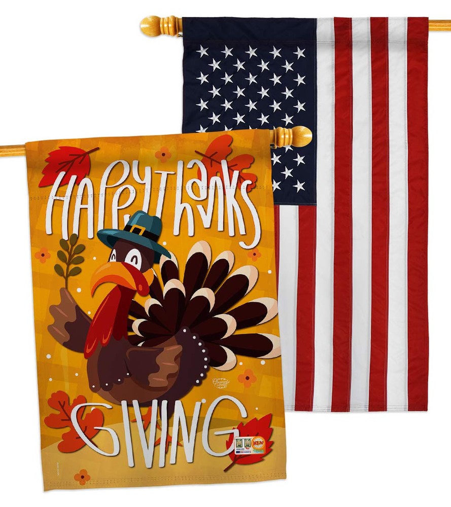 Happy Thanksgiving Turkey House Flag with Fall Pumpkin Give Thanks Gobble Design  