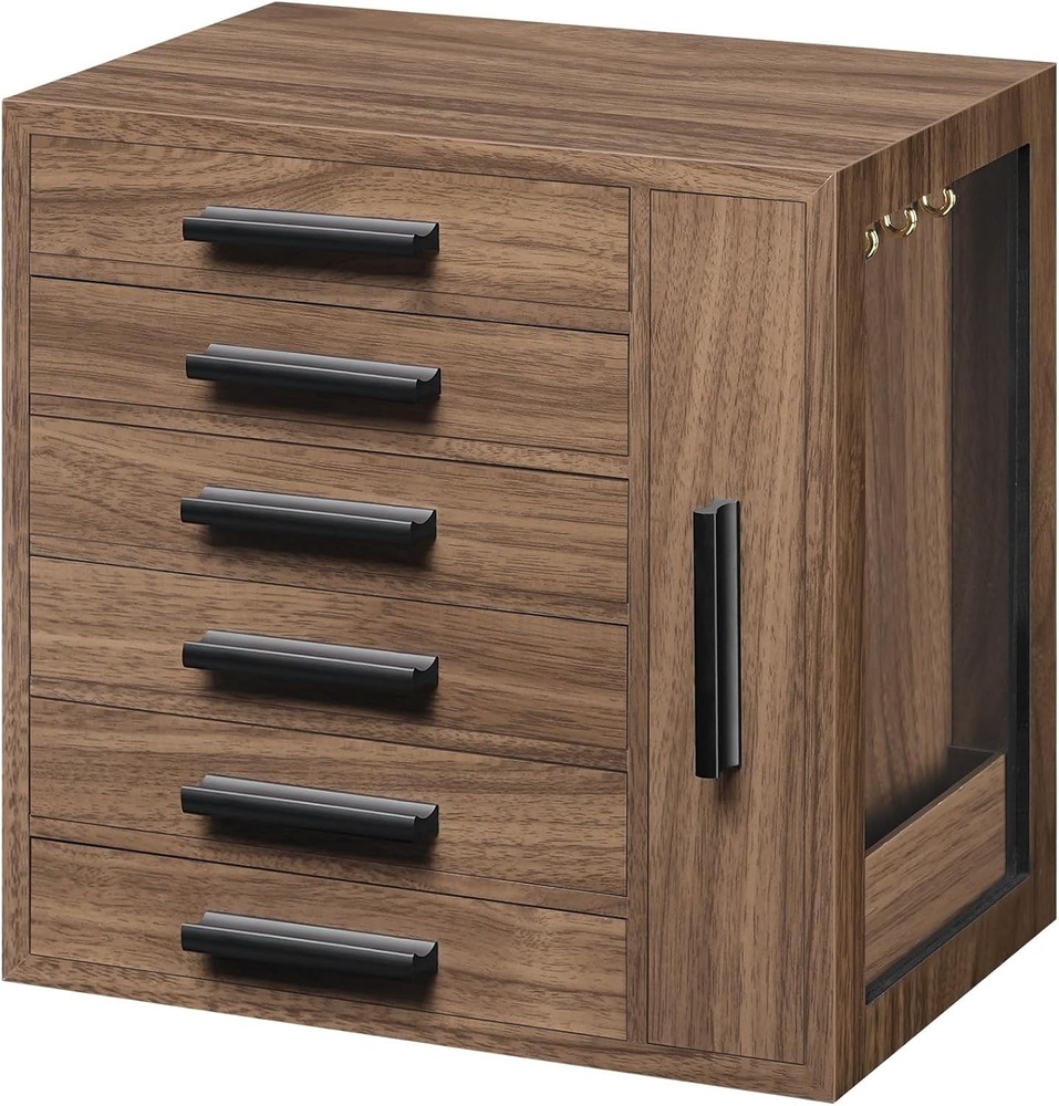HOOBRO 6-Tier Walnut Black Jewelry Box Organizer for Women