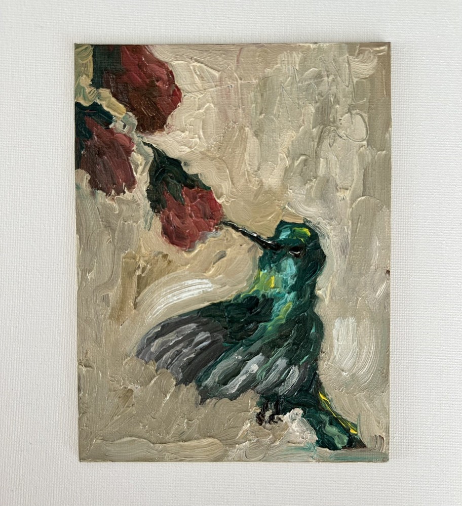 Original Impressionist Oil Painting Hummingbird Flower Nature Animal Art Canvas