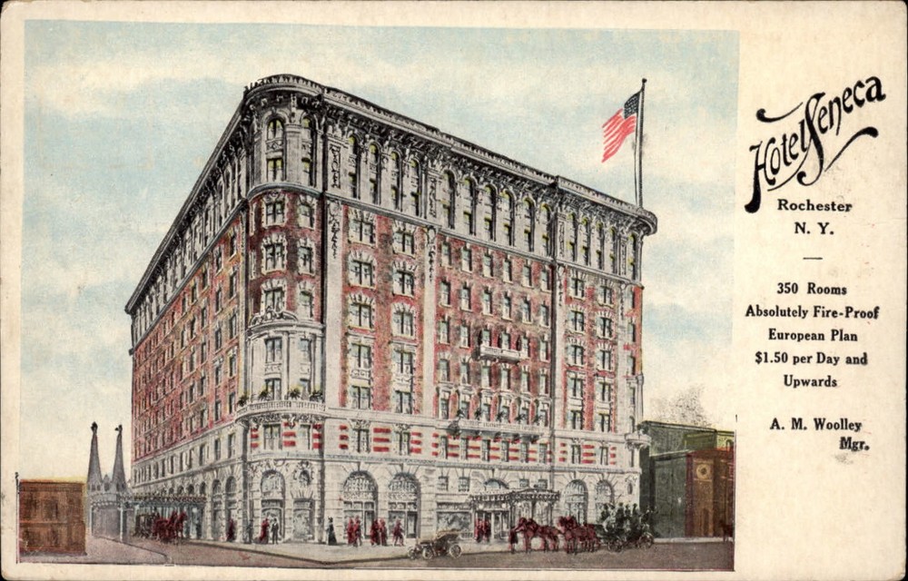 Hotel Seneca Rochester New York flag horses buggy ~ c1910 vintage postcard