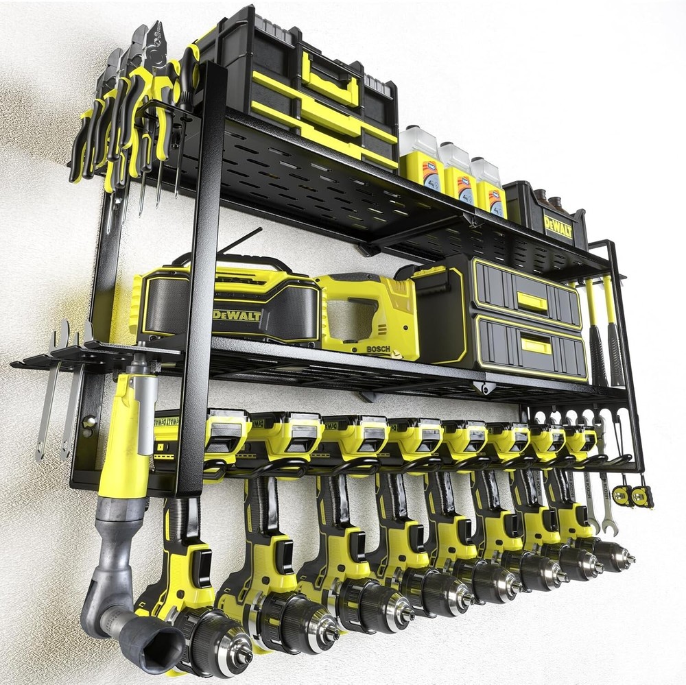 Powder Coated Iron Tool Storage Rack with Air Tool Slots and 8 Drill Holders