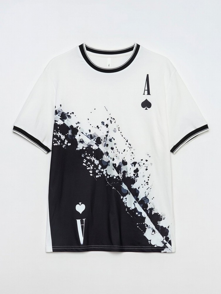 Men's Black White Jersey T-Shirt Ace of Spades Card Graphic Short Sleeve Size M