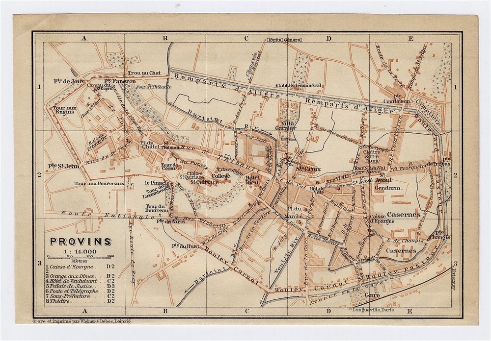 1919 Original Antique City Map Of Provins / France