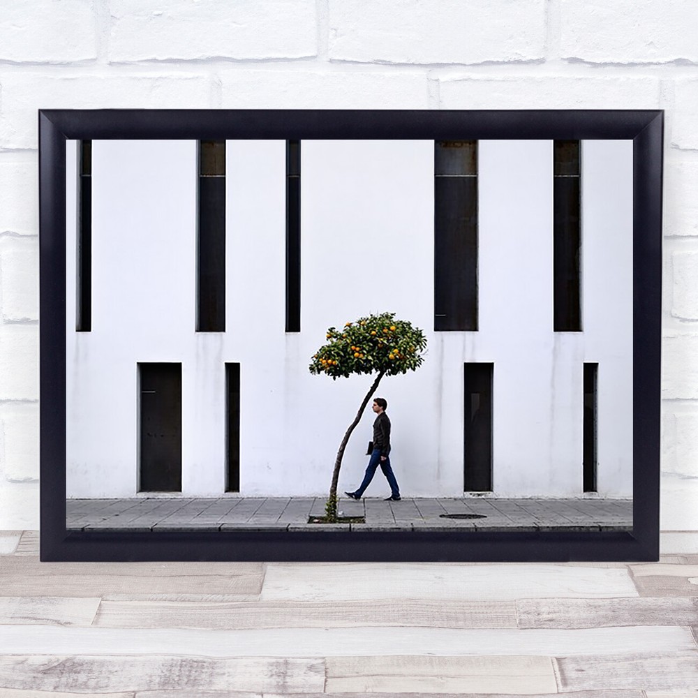Vertical Breaking Street Walk Orange Tree Plant Walking Man White Wall Art Print