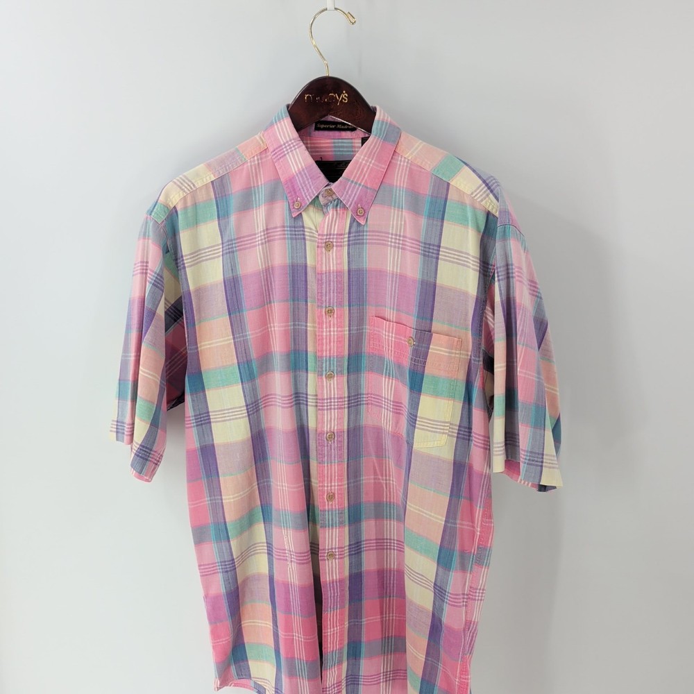 Vintage Eddie Bauer Plaid Madras Casual Button Down Shirt Multicolor Tall Size L