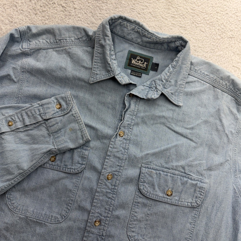 Woolrich Mens Blue Cotton Chamois Long Sleeve Button Down Shirt L Made in USA