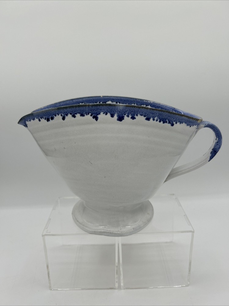 JB Cole Pottery SeagroveWhite Blue Pitcher Signed Nell Cole Graves Age 84 - 1993