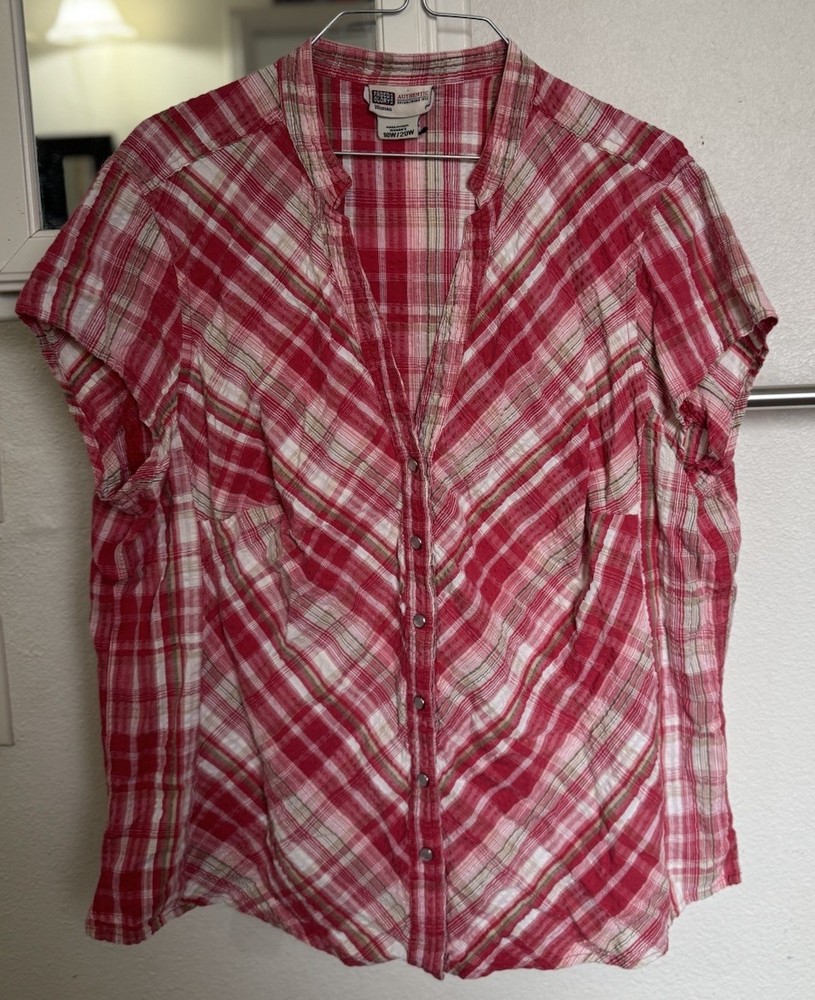Faded Glory Women's Red Plaid Button Down Short Sleeve Top Size 18-20W