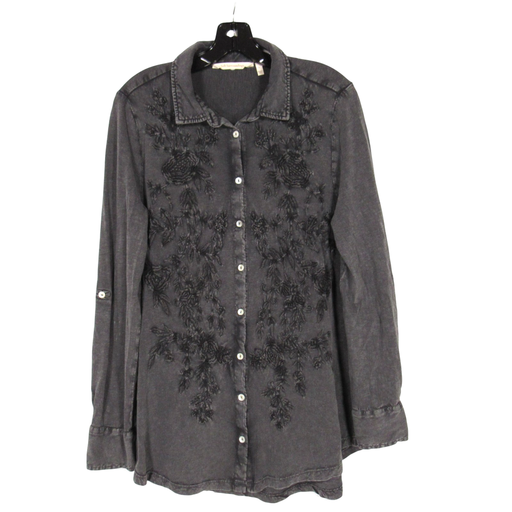 SOFT SURROUNDINGS Charcoal Gray FLORAL EMBROIDERY Button-Up BLOUSE/TUNIC TOP L