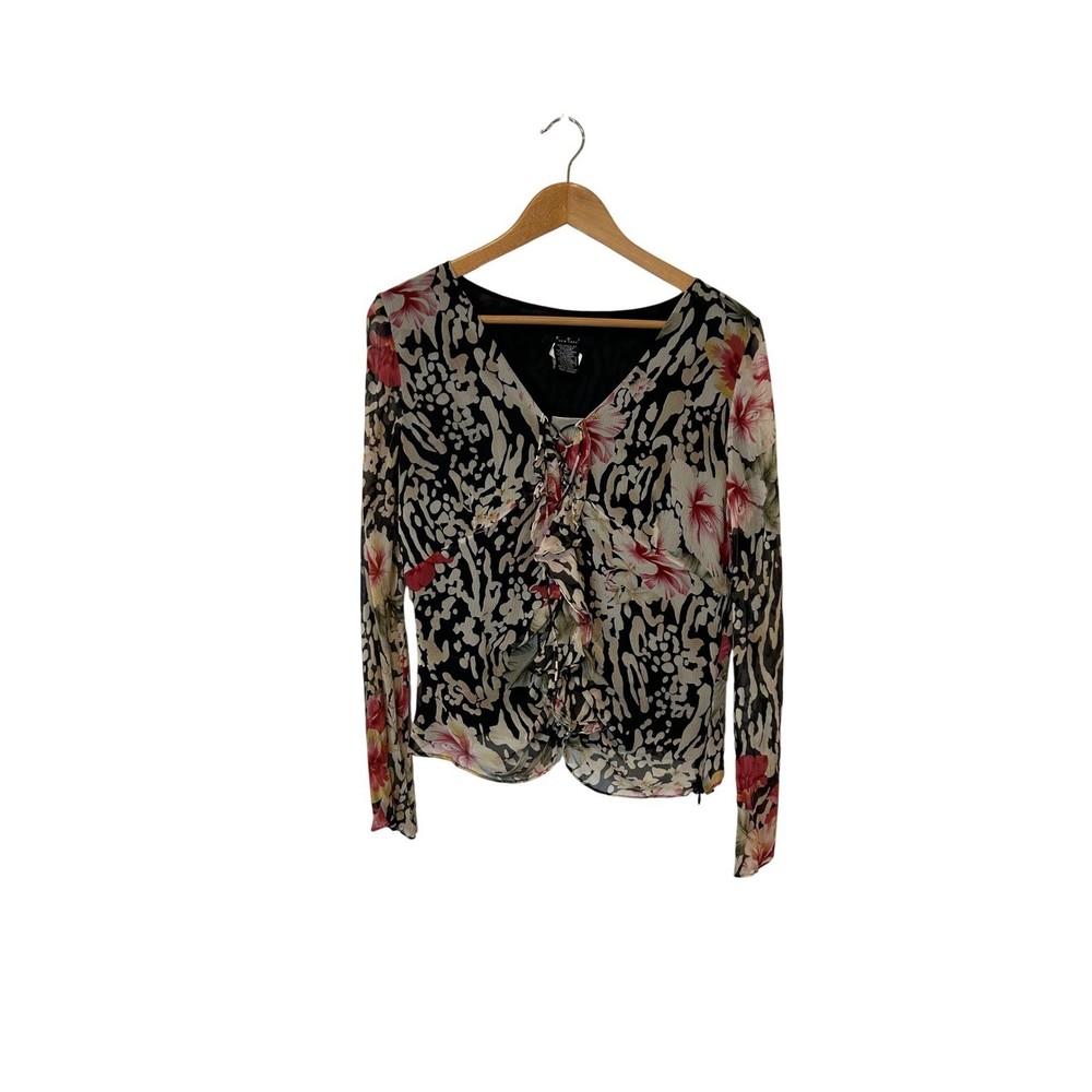 ECI New York Blouse Womens 12 Black Floral Silk Ruffle Y2K Fairycore Coquette