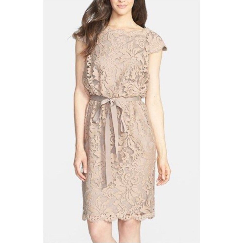 Tadashi Shoji beige tan lace overlay blouson belted midi dress size 14