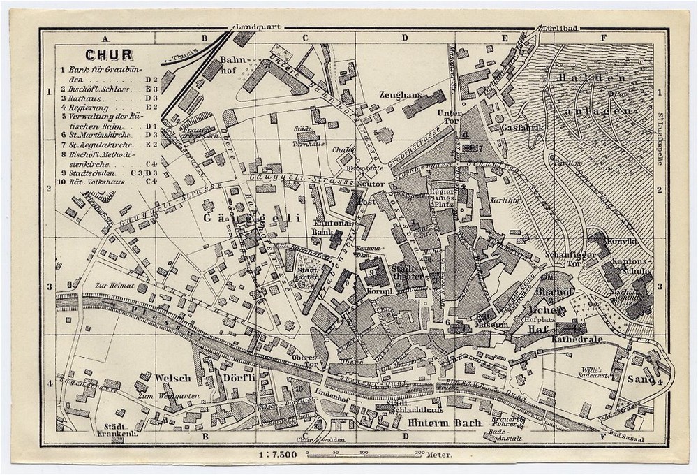1909 Original Antique City Map Of Chur / Coire / Graubuenden / Switzerland