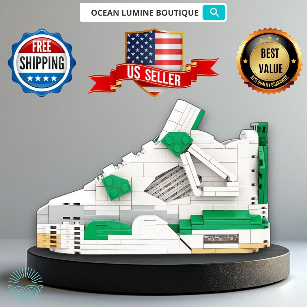 AJ4 Pine Green Sneaker Building Bricks, Matching Key Chain, Puzzles Blocks Toy