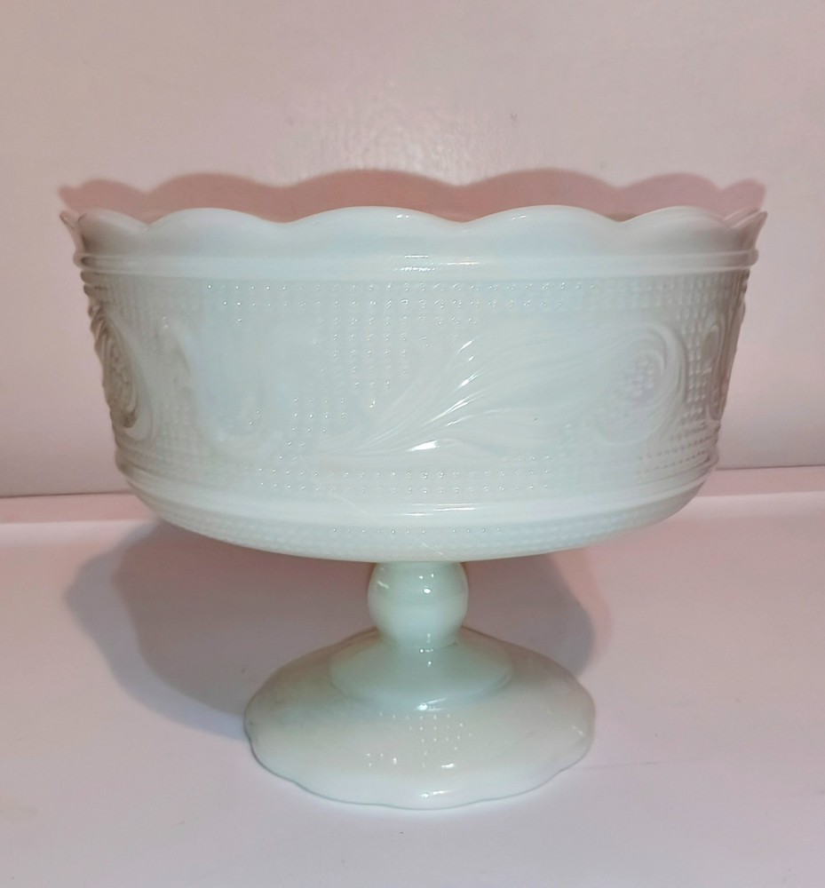Vintage EO Brody White Milk Glass Pedestal Round Scalloped Rim Footed Fruit Bowl