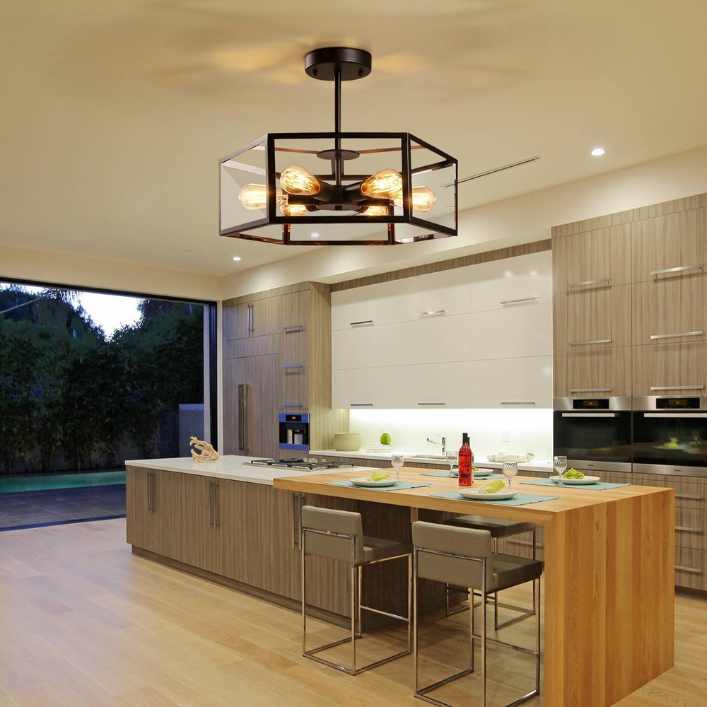Hexagonal 6-Lights Chandelier Semi Flush Mount Ceiling Light Pendant Fixtures