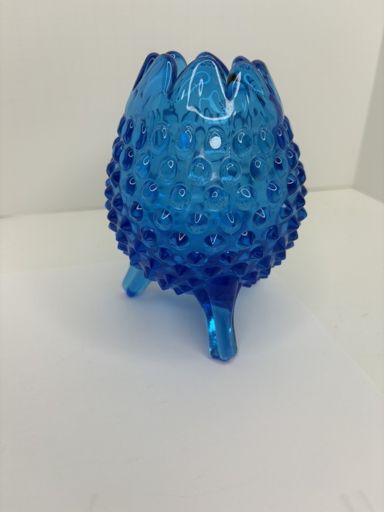 Vintage Fenton Art Glass Hobnail Colonial Blue Three Footed Egg Shape bud vase