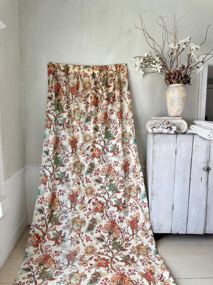 103x53 ( 2 avail) antique French chintz curtain botanical floral print lined vi