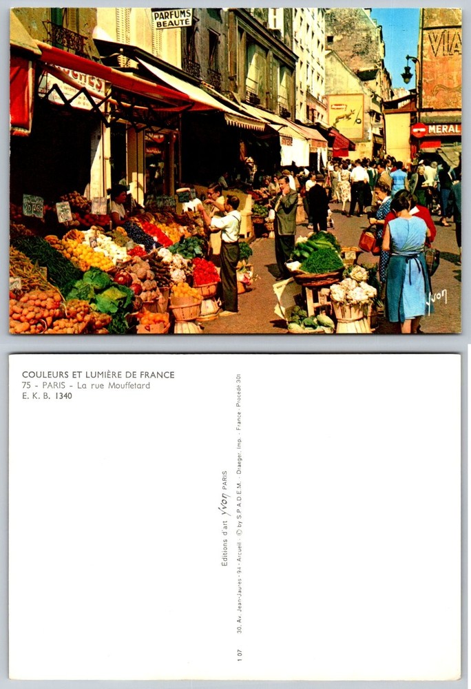 Rue Mouffetard Paris France Market Street Scene Vintage Postcard YVON