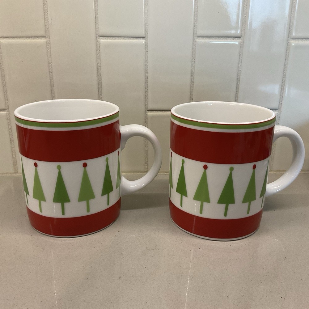 Set/2 Crate & Barrel Christmas mugs, red/green Christmas tree, modern