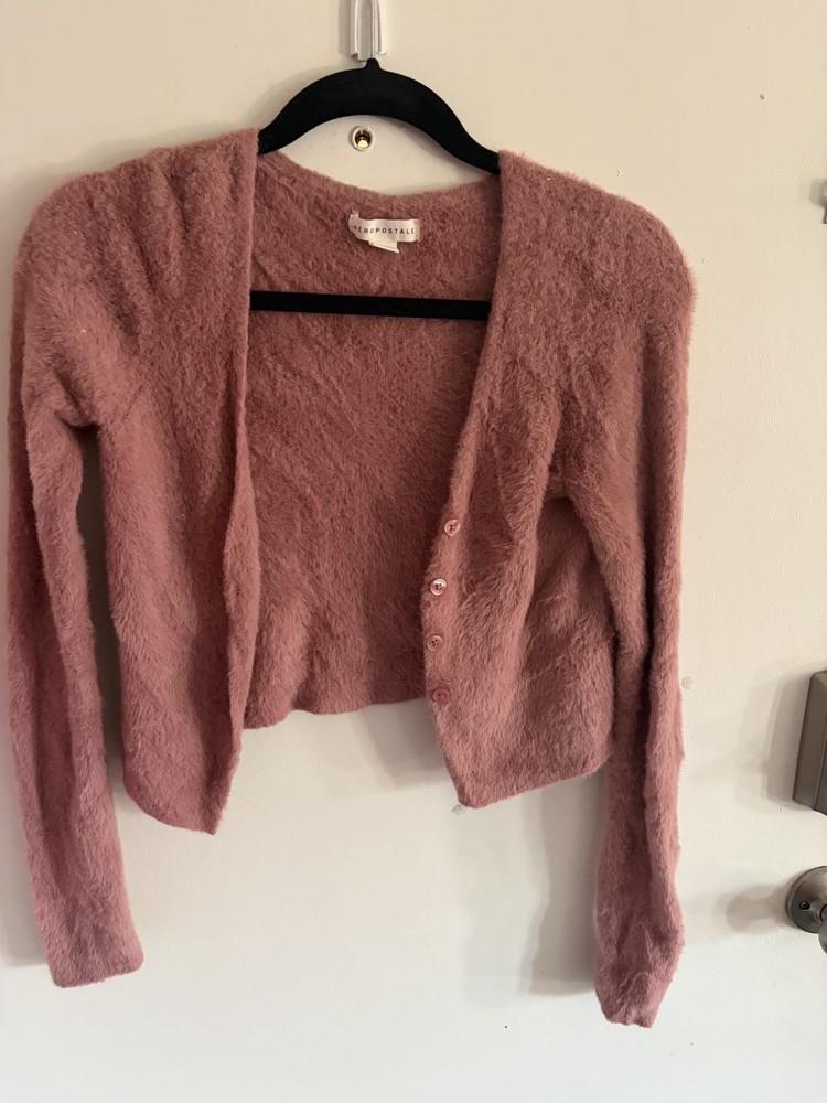 Aeropostale Pink Fuzzy Cropped Cardigan Size S