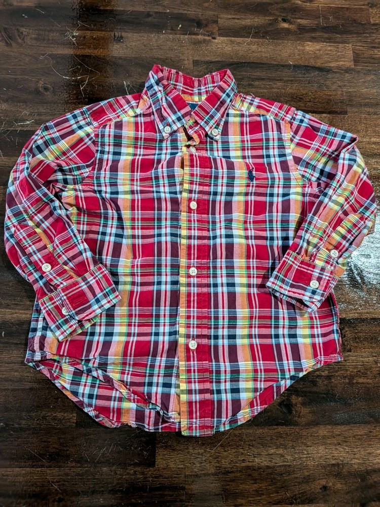 RALPH LAUREN Boys Toddler Button Down Shirt Size 2T Plaid Red Yellow Spring