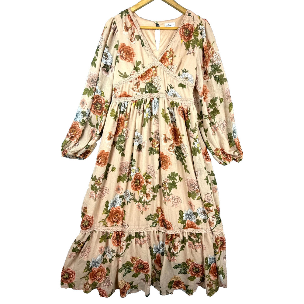 In Loom Dress Womens M Beige Floral Lace Trim Tiered Ruffle Cottagecore Boho