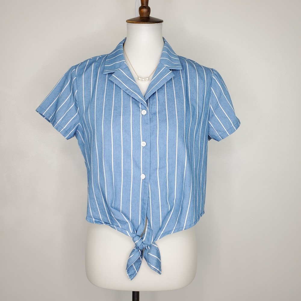 Allegra K Blue White Pinstripe Button Up Tie Front Short Sleeve Blouse Size S NWOT