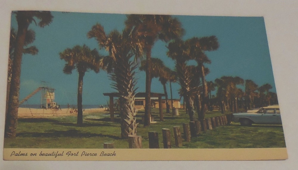 1 ad Palms On Beautiful Fort Pierce Beach Florida Postcard Old Car 1970 VTG