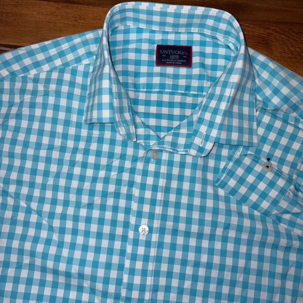 UNTUCKit Button Down Shirt Mens Large Blue Gingham Slim Fit Nylon Spandex Preppy