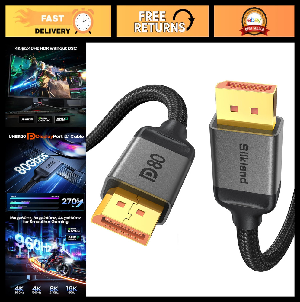 80Gbps DisplayPort 2.1 Cable 10FT - 16K@60Hz, 8K@240Hz, 4K@360Hz, HDR, FreeSync,