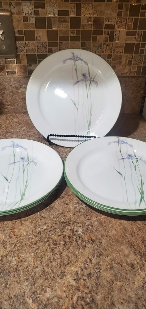 Corelle Corning Shadow Iris Dinner Plates Set of 7 Green Rim USA Vtg  10.25”