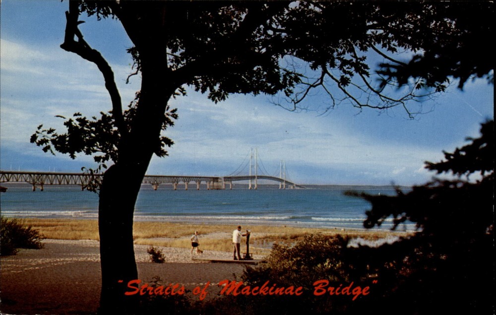 Straits of Mackinac Bridge Mackinaw City Michigan vintage postcard d861