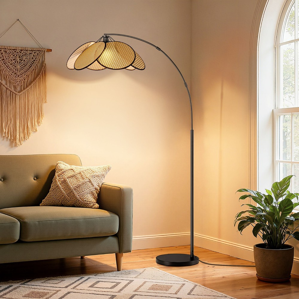 EDISHINE Boho Arc Floor Lamp for Living Room, Adjustable Brightness, Dimmable