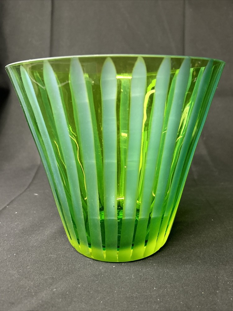 Hand-Blown Green Absinthe Glass Bowl with Etched Blue Stripes & Fluted Design  -image