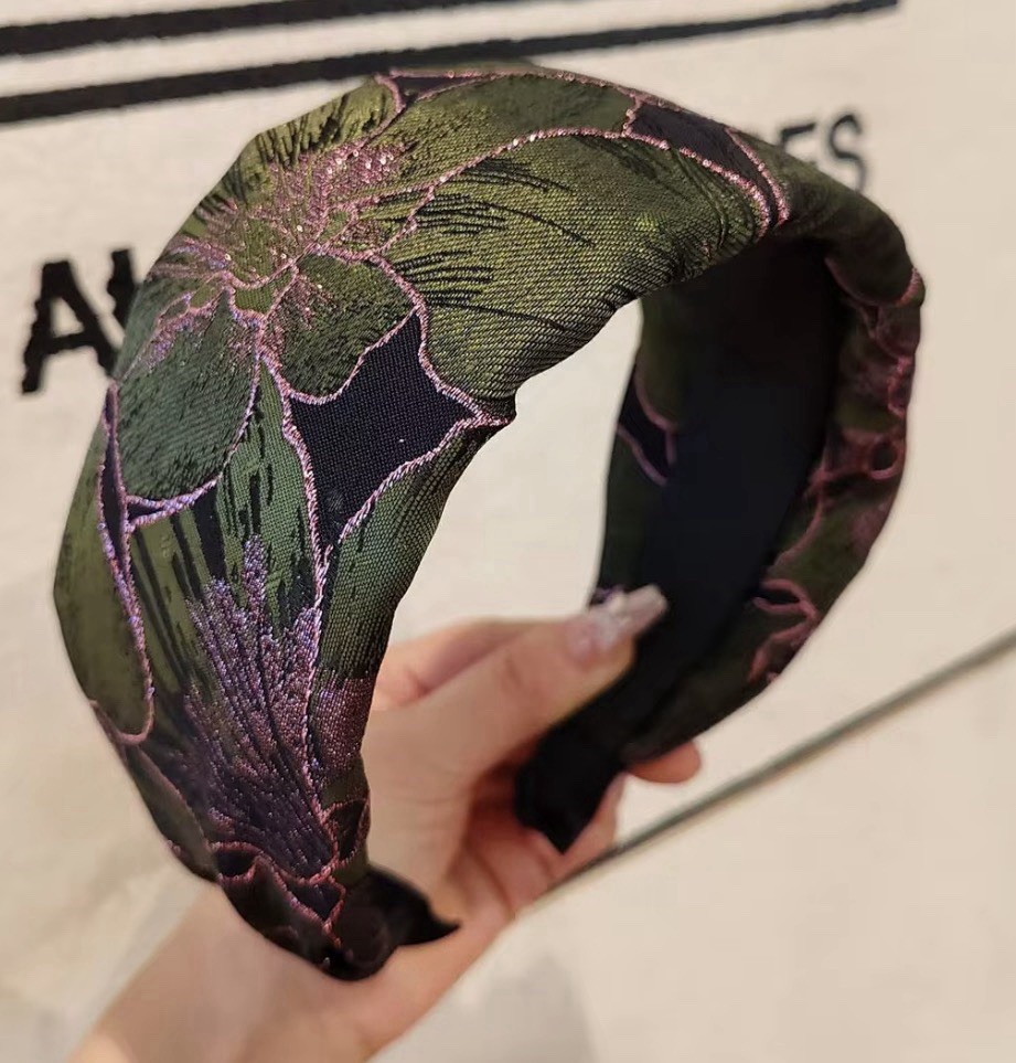 Green Japanese Floral Style Wide Headband for Women