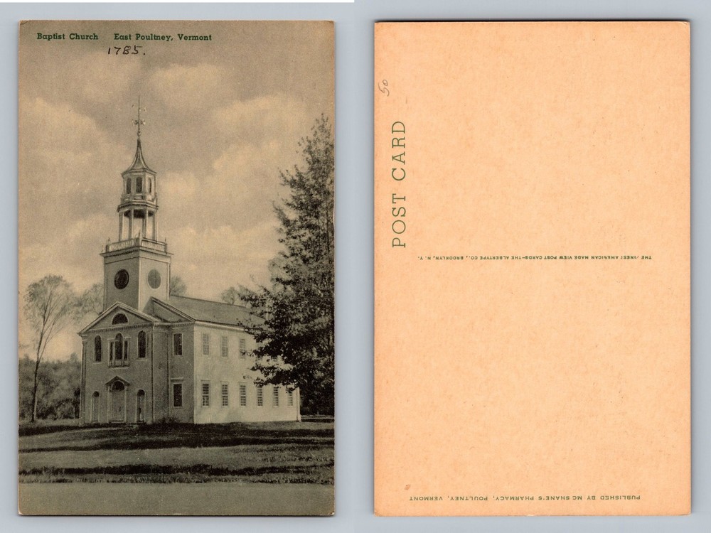 East Poultney, VT-Vermont, Baptist Church 1785 Scene Card Vintage Postcard