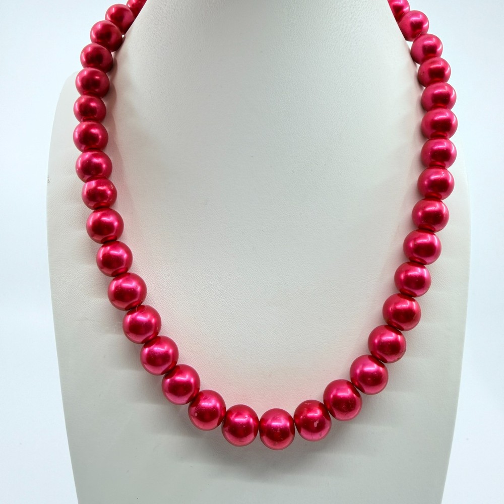 Vintage Y2K Hot Pink Faux Pearl Strand Necklace Bold Statement Chunky Retro