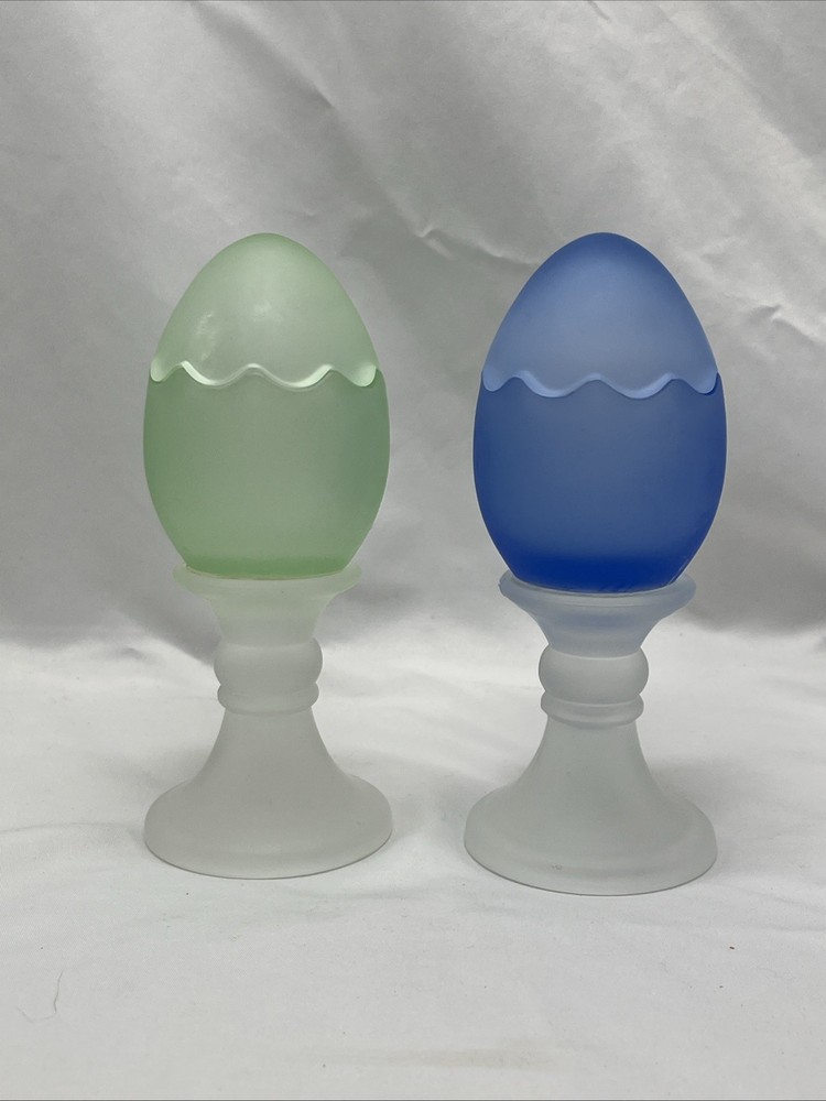 Vtg Egg Shaped w/Lid Candy Dish Satin Frosted Green Glass Candle Holder Pedestal