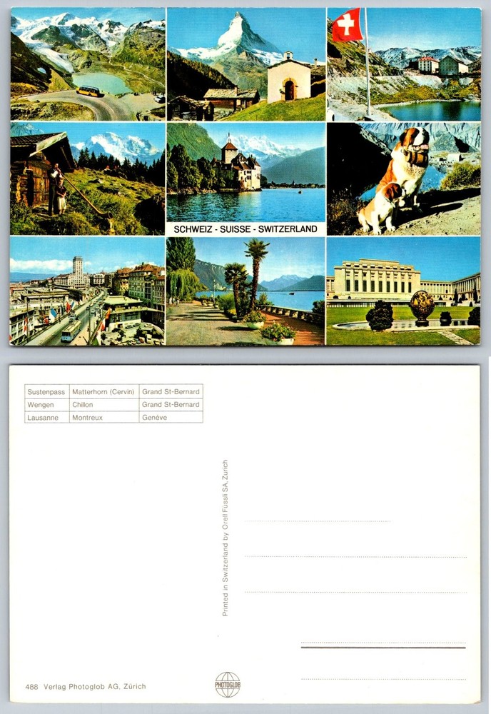Vintage Switzerland Multi-View Postcard - Matterhorn, Chillon, Geneva, Lausanne