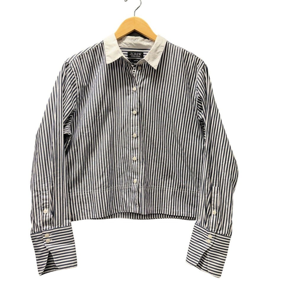 J Crew Garçon Cropped Shirt Blue White Coastal Stripe Organic Cotton Womens 14