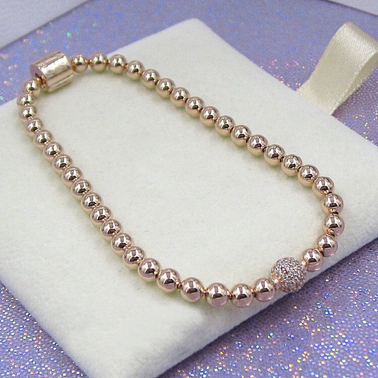New 100% Authentic 925 Sterling Silver Rose Beads & Pave CZ Logo Clasp Bracelet