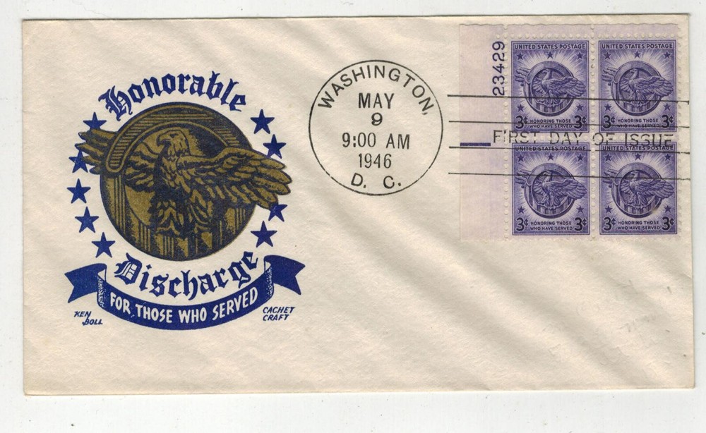WW2 Patriotic FDC 1946 Staehle Plate Block 940 Honorable Veterans Discharge Cover